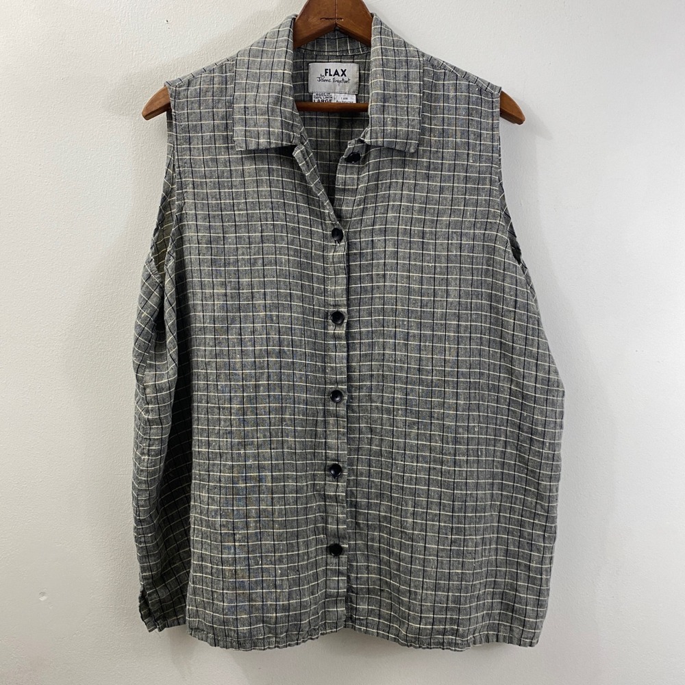 FLAX by Jeanne Engelhart Linen Top L Gray Plaid Sleeveless Button Minimalist